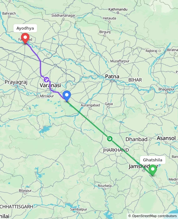 Route map showing distance and travel time from Ghatshila, India to Ayodhya, India