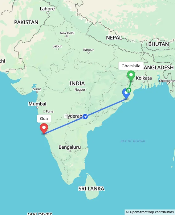 Route map showing distance and travel time from Ghatshila, India to Goa, India