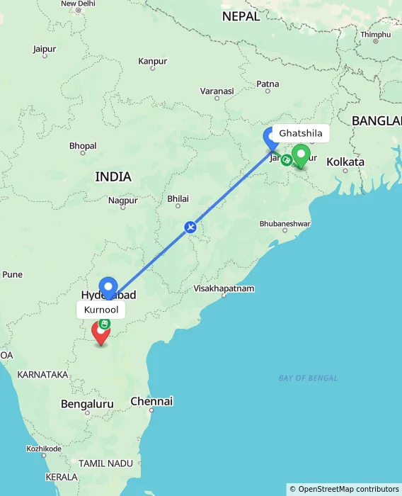 Route map showing distance and travel time from Ghatshila, India to Kurnool, India