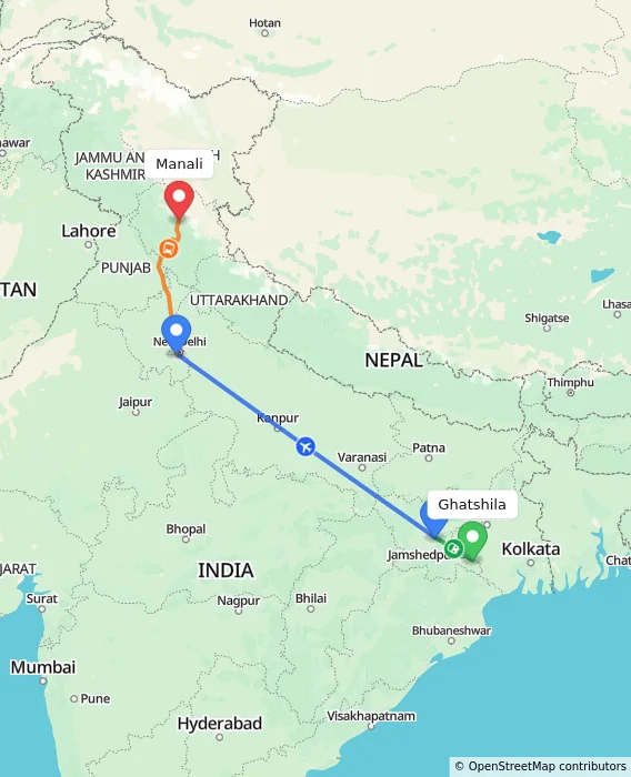 Route map showing distance and travel time from Ghatshila, India to Manali, India