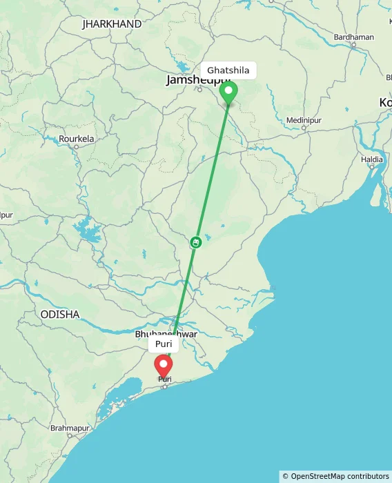 Route map showing distance and travel time from Ghatshila, India to Puri, India