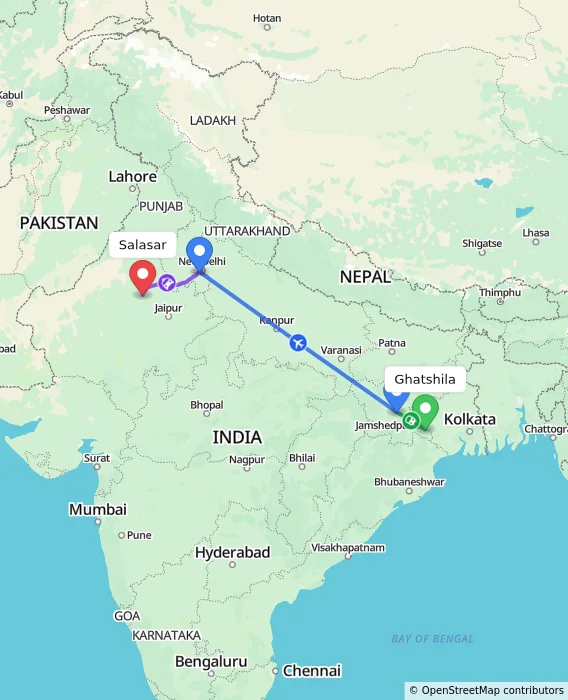 Route map showing distance and travel time from Ghatshila, India to Salasar, India