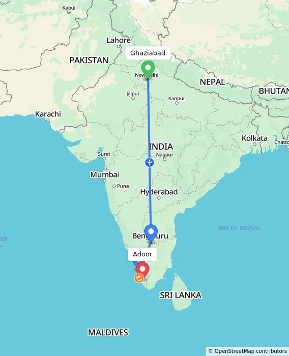 Route map showing distance and travel time from Ghaziabad, India to Adoor, India