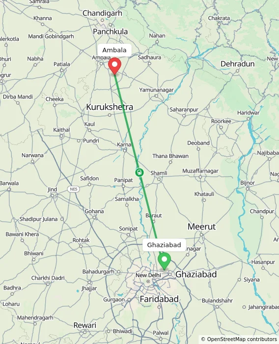 Route map showing distance and travel time from Ghaziabad, India to Ambala, India