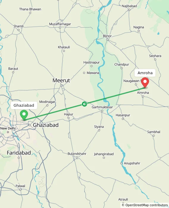 Route map showing distance and travel time from Ghaziabad, India to Amroha, India
