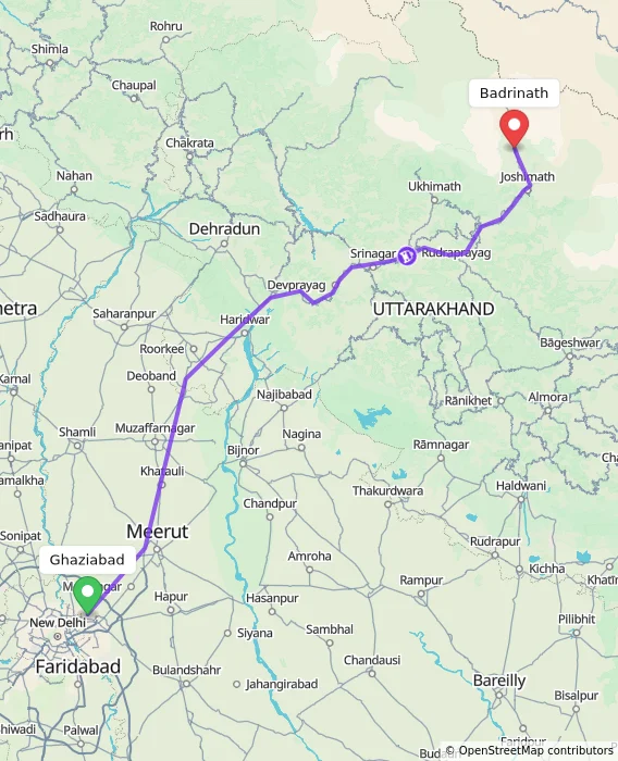 Route map showing distance and travel time from Ghaziabad, India to Badrinath, India