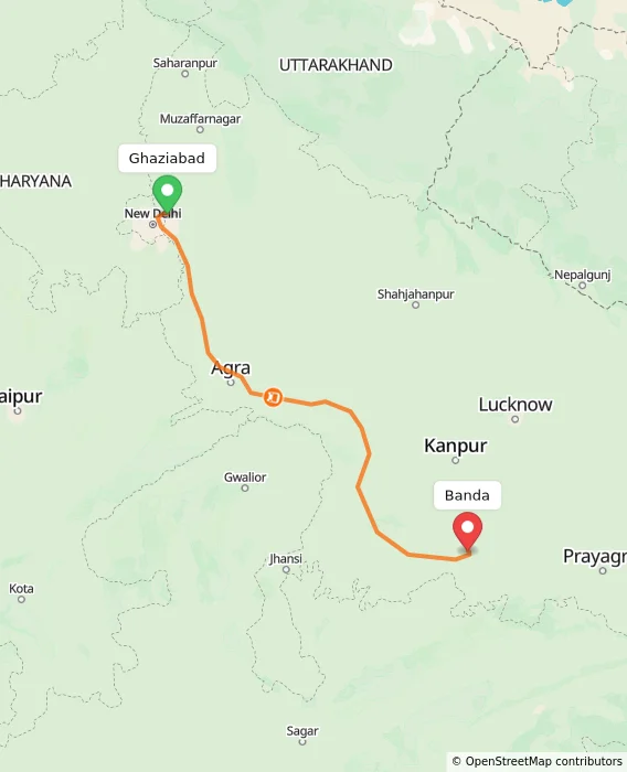Route map showing distance and travel time from Ghaziabad, India to Banda, India