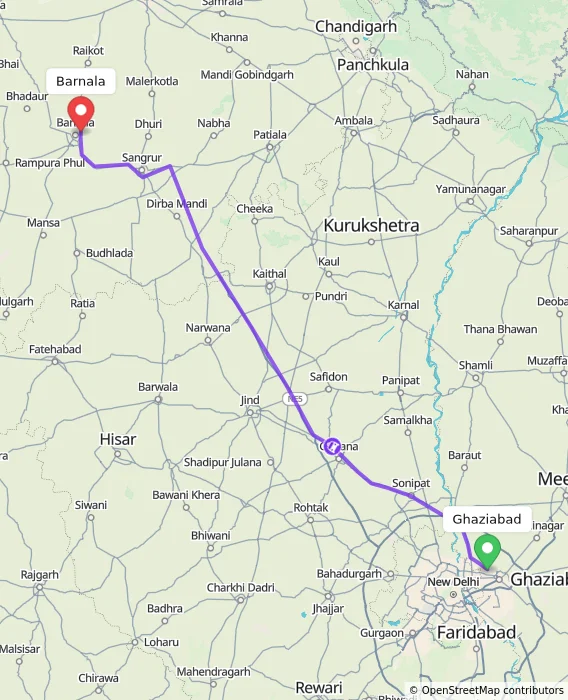 Route map showing distance and travel time from Ghaziabad, India to Barnala, India
