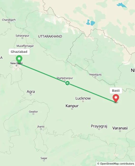 Route map showing distance and travel time from Ghaziabad, India to Basti, India
