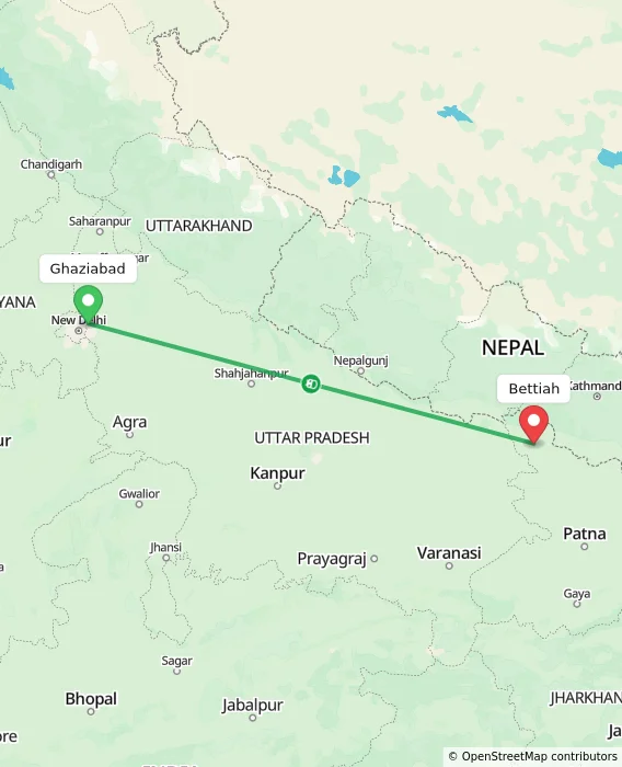 Route map showing distance and travel time from Ghaziabad, India to Bettiah, India