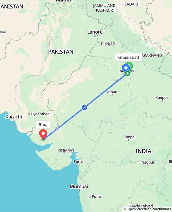 Route map showing distance and travel time from Ghaziabad, India to Bhuj, India