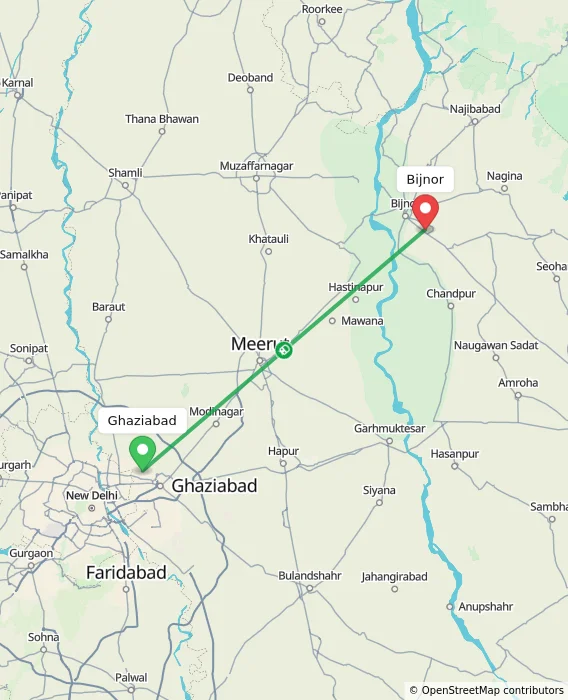 Route map showing distance and travel time from Ghaziabad, India to Bijnor, India