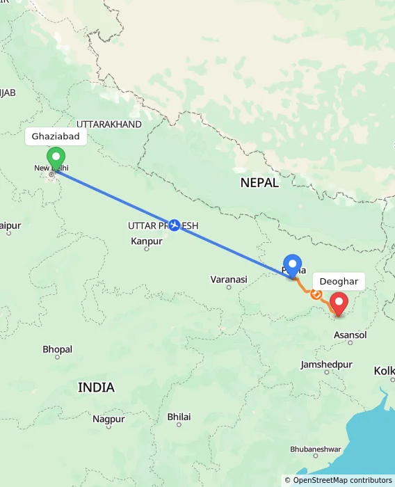 Route map showing distance and travel time from Ghaziabad, India to Deoghar, India