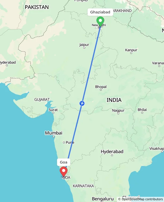 Route map showing distance and travel time from Ghaziabad, India to Goa, India
