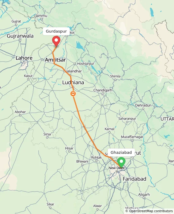 Route map showing distance and travel time from Ghaziabad, India to Gurdaspur, India