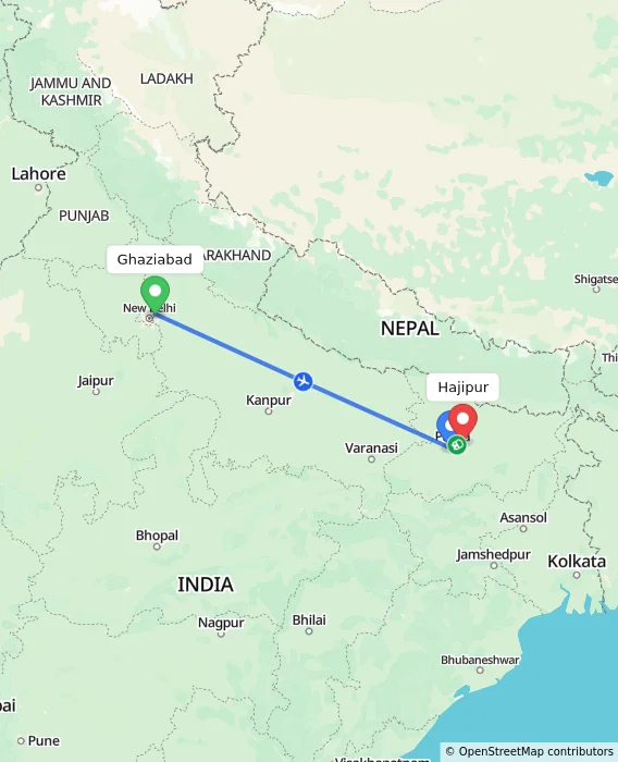 Route map showing distance and travel time from Ghaziabad, India to Hajipur, India