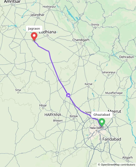 Route map showing distance and travel time from Ghaziabad, India to Jagraon, India
