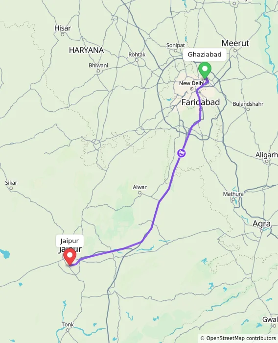 Route map showing distance and travel time from Ghaziabad, India to Jaipur, India