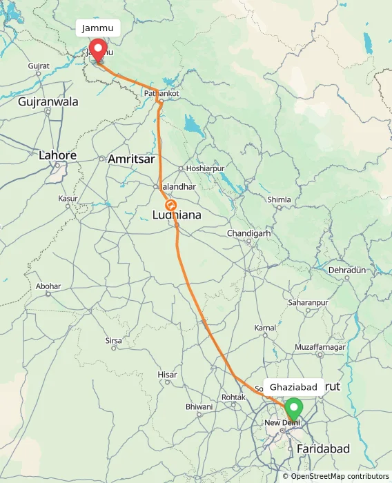 Route map showing distance and travel time from Ghaziabad, India to Jammu, India