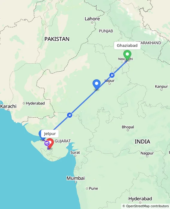Route map showing distance and travel time from Ghaziabad, India to Jetpur, India