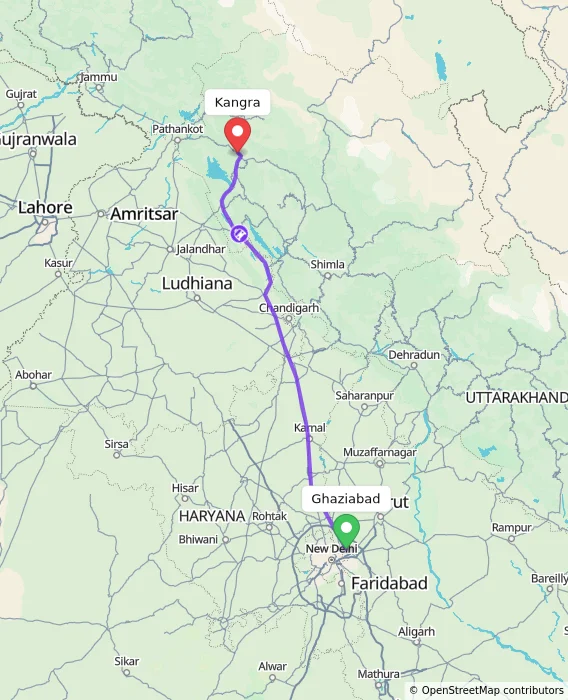 Route map showing distance and travel time from Ghaziabad, India to Kangra, India
