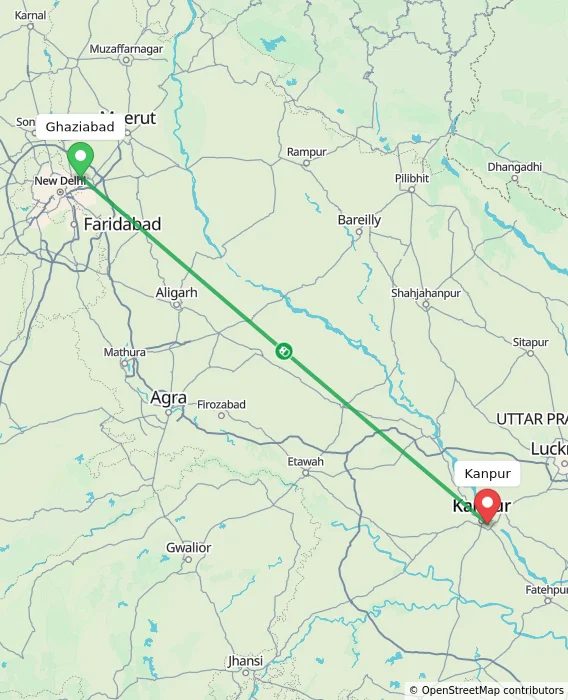 Route map showing distance and travel time from Ghaziabad, India to Kanpur, India