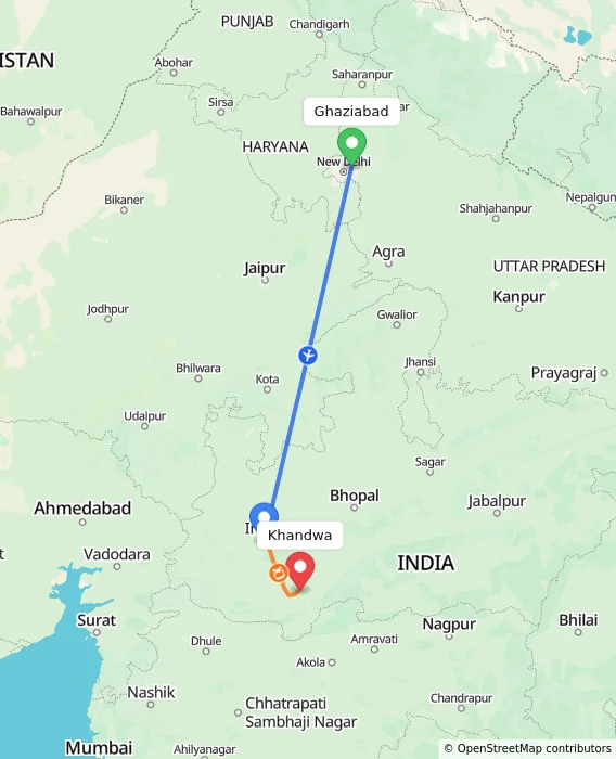 Route map showing distance and travel time from Ghaziabad, India to Khandwa, India