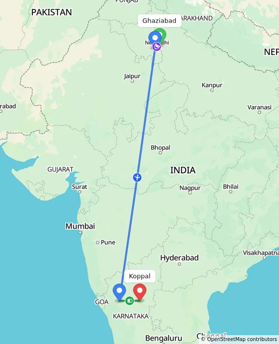 Route map showing distance and travel time from Ghaziabad, India to Koppal, India