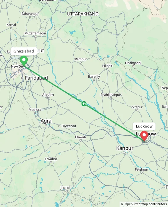 Route map showing distance and travel time from Ghaziabad, India to Lucknow, India