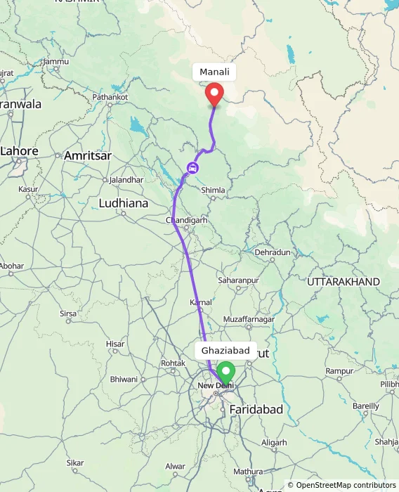 Route map showing distance and travel time from Ghaziabad, India to Manali, India