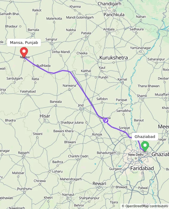 Route map showing distance and travel time from Ghaziabad, India to Mansa, Punjab, India