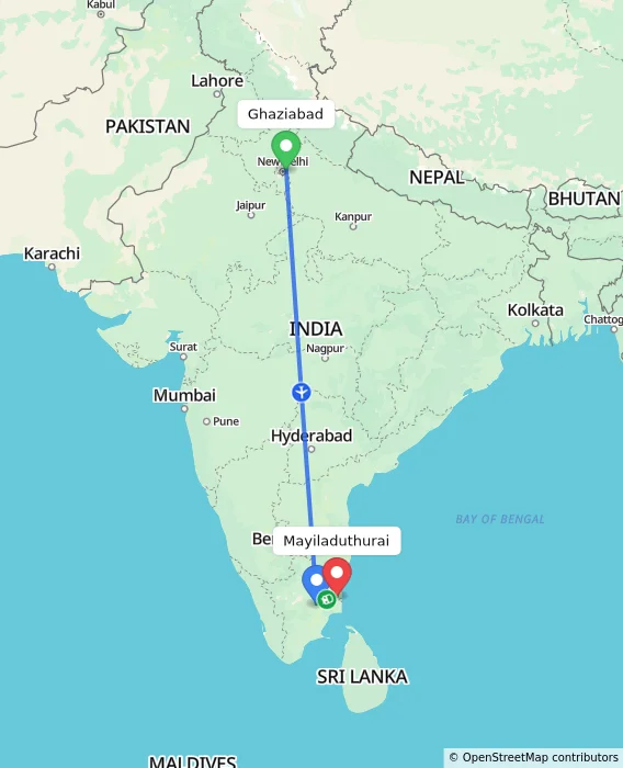 Route map showing distance and travel time from Ghaziabad, India to Mayiladuthurai, India