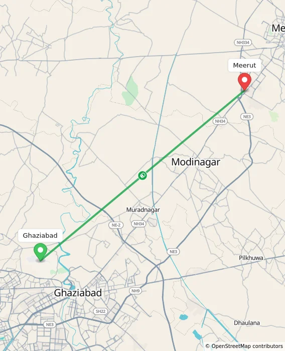 Route map showing distance and travel time from Ghaziabad, India to Meerut, India
