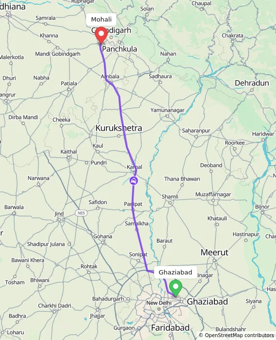 Route map showing distance and travel time from Ghaziabad, India to Mohali, India