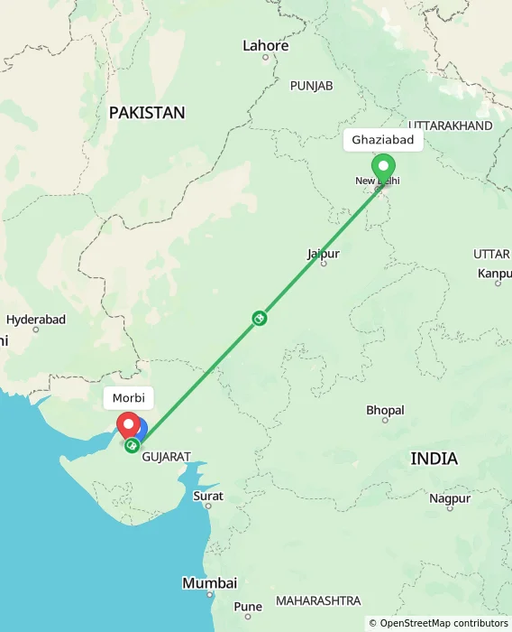 Route map showing distance and travel time from Ghaziabad, India to Morbi, India