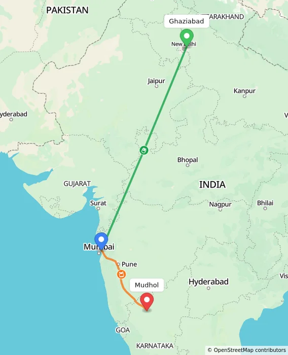 Route map showing distance and travel time from Ghaziabad, India to Mudhol, India
