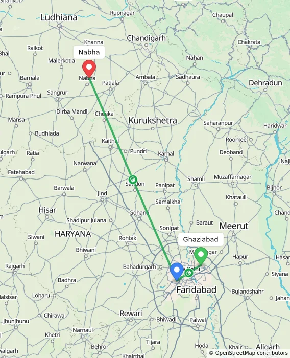 Route map showing distance and travel time from Ghaziabad, India to Nabha, India