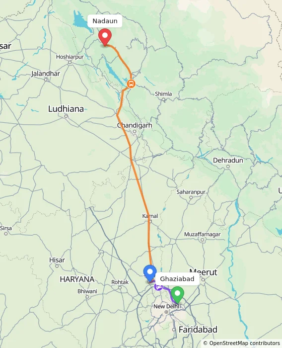 Route map showing distance and travel time from Ghaziabad, India to Nadaun, India