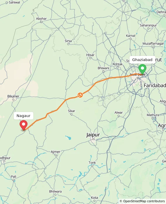 Route map showing distance and travel time from Ghaziabad, India to Nagaur, India