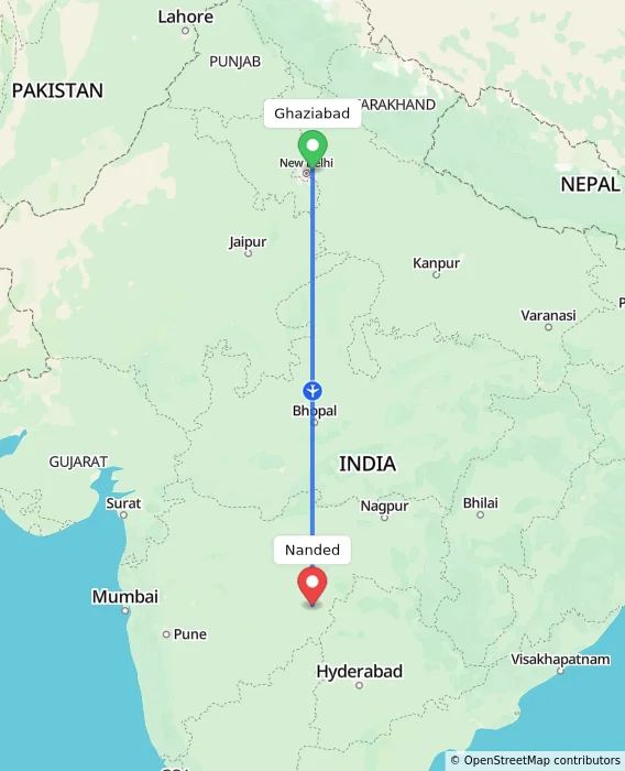 Route map showing distance and travel time from Ghaziabad, India to Nanded, India