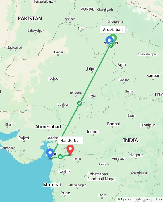Route map showing distance and travel time from Ghaziabad, India to Nandurbar, India