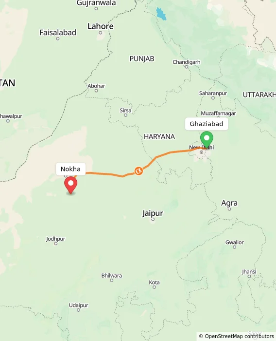 Route map showing distance and travel time from Ghaziabad, India to Nokha, India
