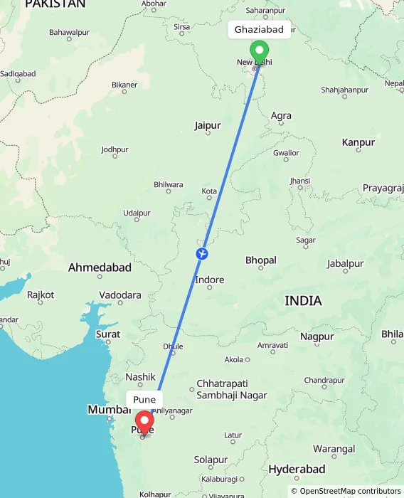 Route map showing distance and travel time from Ghaziabad, India to Pune, India