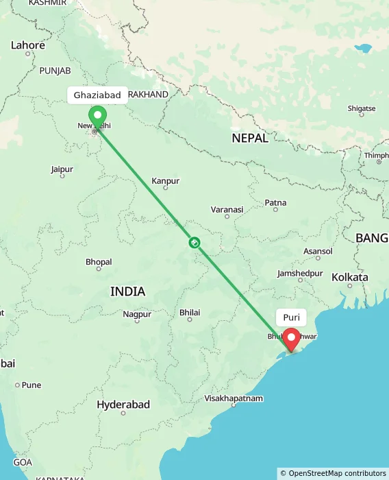 Route map showing distance and travel time from Ghaziabad, India to Puri, India