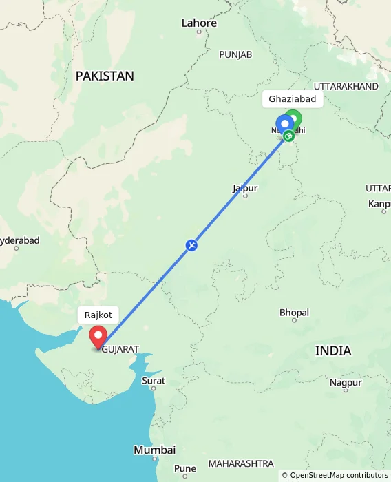 Route map showing distance and travel time from Ghaziabad, India to Rajkot, India