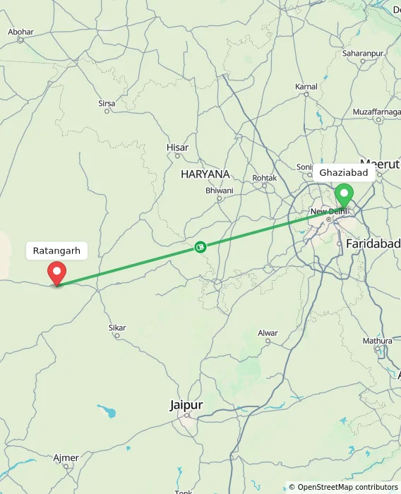 Route map showing distance and travel time from Ghaziabad, India to Ratangarh, India