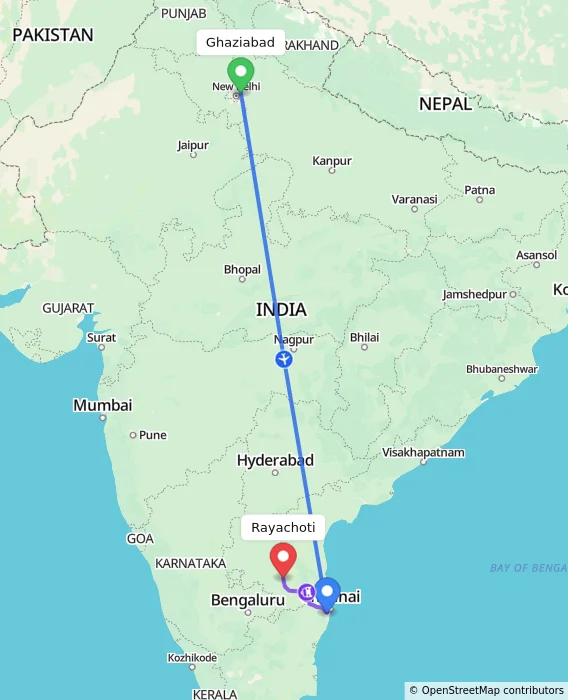 Route map showing distance and travel time from Ghaziabad, India to Rayachoti, India