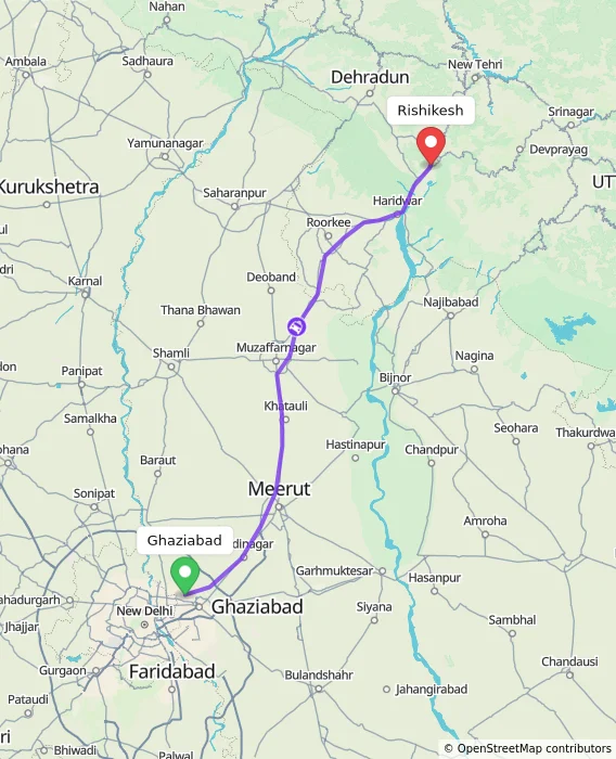Route map showing distance and travel time from Ghaziabad, India to Rishikesh, India
