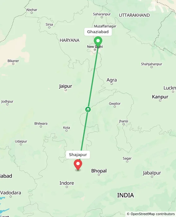 Route map showing distance and travel time from Ghaziabad, India to Shajapur, India