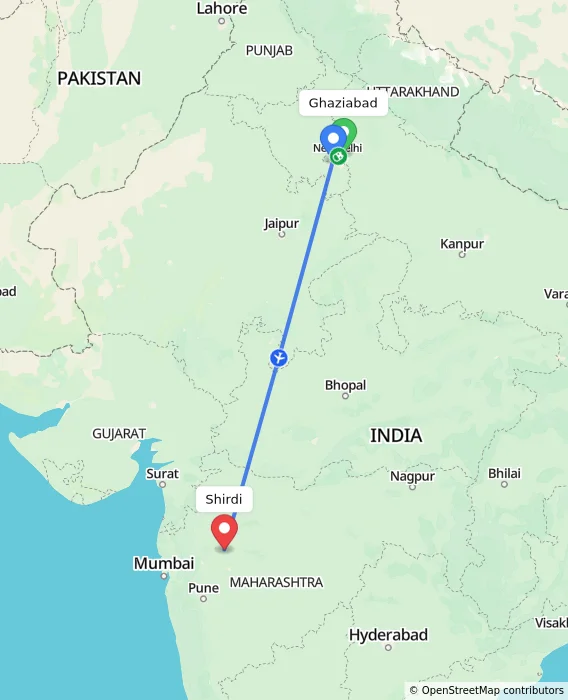 Route map showing distance and travel time from Ghaziabad, India to Shirdi, India